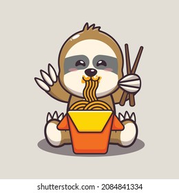 Cute sloth eating noodle. Cute cartoon animal illustration.