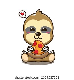 cute sloth eating pizza cartoon vector illustration.