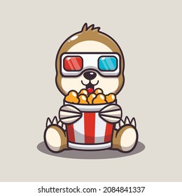 Cute sloth eating popcorn and watch 3d movie. Cute cartoon animal illustration.