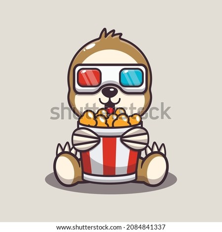 Cute sloth eating popcorn and watch 3d movie. Cute cartoon animal illustration.