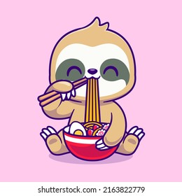 Cute Sloth Eating Ramen Bowl With Chopstick Cartoon Vector Icon Illustration. Animal Food Icon Concept Isolated Premium Vector. Flat Cartoon Style