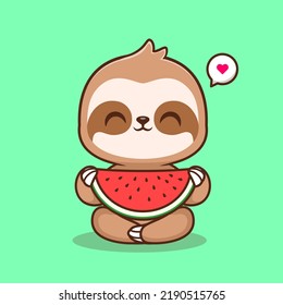 Cute Sloth Eating Watermelon Cartoon Vector Icon Illustration. Animal Food Icon Concept Isolated Premium Vector. Flat Cartoon Style