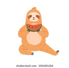 Cute sloth eating watermelon. Happy funny animal sitting and holding sweet fruit slice in paws. Charming smiling character resting with food. Flat vector illustration isolated on white background