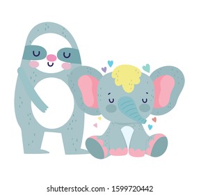 Cute sloth and elephant. Cartoon vector illustration for baby shower.