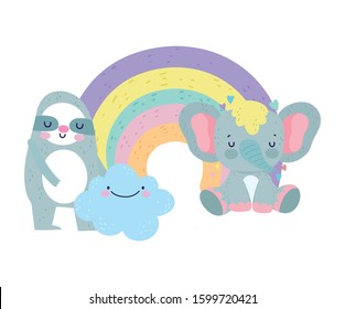 Cute sloth and elephant under rainbow with cloud. Cartoon vector illustration for baby shower.