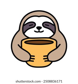 Cute sloth enjoying coffee. A happy sloth is holding a cup of coffee and enjoying a slow moment. The illustration suggests a relaxing and carefree lifestyle.