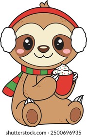 Cute sloth enjoying hot chocolate vector illustration