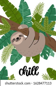 Cute sloth with exotic tropical leaves and with hand-drawn phrase: Chill. Beautiful animal print design for home decor. Modern vector illustration.