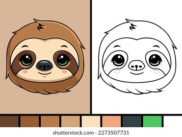 Cute sloth face cartoon illustration in coloring page style baby wild animal