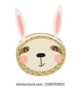 Cute sloth face with Easter bunny ears character illustration. Hand drawn flat style design, isolated vector. Holiday clip art, seasonal card, banner, poster, kids print element