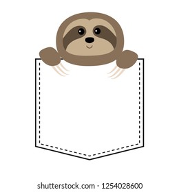 Cute sloth face head in the pocket. Cartoon animals. Lazy character. Dash line. Animal collection. White and black color. T-shirt design. Baby background. Isolated. Flat design. Vector illustration