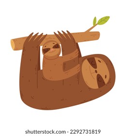 Cute sloth family. Animal parent hanging on tree branch with its baby. Happy parenthood cartoon vector illustration