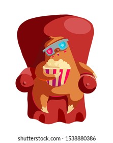 Cute sloth flat character watching film. Animal with 3d glasses sitting in chair and eating popcorn. Movie clipart. Cartoon vector illustration. Cinema advertising poster, banner color design element