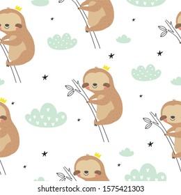 Cute Sloth flat hand drawn vector illustration. Lazy cartoon animal character seamless pattern