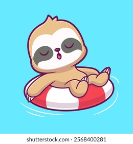 Cute Sloth Floating With Swimming Tires Cartoon Vector Icon 
Illustration. Animal Holiday Icon Concept Isolated Premium 
Vector. Flat Cartoon Style 