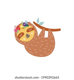 Cute sloth in flower crown - flat vector illustration of lazy brown animal hanging on tree branch wearing a floral wreath. Cartoon sticker