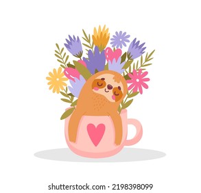 Cute Sloth In Flower Cup, Decor In Interior. Illustration Of Character Animal Lazy Wildlife Vector. Sleepy Sloth Graphic Character