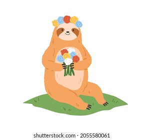 Cute sloth with flower wreath and pretty bouquet in paws. Happy funny animal. Romantic bear character enjoying summer nature, sitting on grass. Flat vector illustration isolated on white background