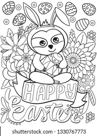 Cute Sloth with flowers and eggs element for Easter day.  Hand drawn with black and white lines. Coloring for adult and kids. Vector Illustration