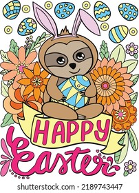 Cute Sloth with flowers and eggs element for Easter day.  Hand drawn with black and white lines. Coloring for adult and kids. Vector Illustration