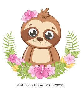 Cute sloth with flowers and a wreath. Vector illustration of a cartoon.