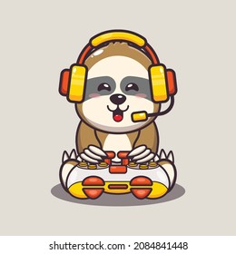 Cute sloth gamer. Cute cartoon animal illustration.