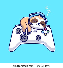 Cute Sloth Gamer Sleeping On Joystick Cartoon Vector Icon Illustration. Animal Technology Icon Concept Isolated Premium Vector. Flat Cartoon Style