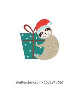 Cute sloth with gift box Christmas or New Year greeting card vector ilustration isolated on white background. Funny cartoon character for print or poster decoration.