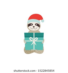 Cute sloth with gift box Christmas or New Year greeting card vector ilustration isolated on white background. Funny cartoon character for print or poster decoration.