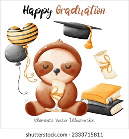 Cute Sloth Graduation Books ,Cap ,Balloons heart Yellow Black Watercolor Vector File , Clipart cartoon style For banner, poster, card, t shirt, sticker