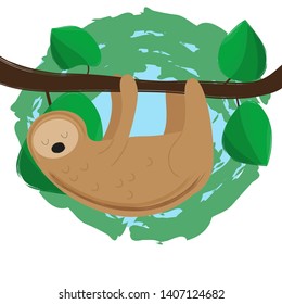 Cute sloth with green leaves. Poster or card template