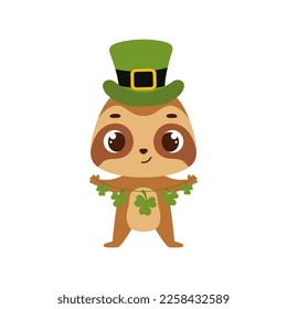 Cute sloth in green leprechaun hat with clover. Irish holiday folklore theme. Cartoon design for cards, decor, shirt, invitation. Vector stock illustration.