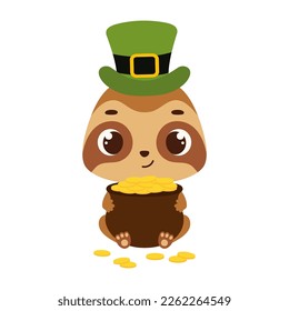 Cute sloth in green leprechaun hat holds bowler with gold coins. Irish holiday folklore theme. Cartoon design for cards, decor, shirt, invitation. Vector stock illustration.