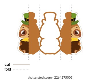 Cute sloth in green leprechaun hat holds bowler with gold coins. Irish holiday folklore theme. Fold long greeting card template. Printable color scheme. Print, cut out, fold. Vector illustration.