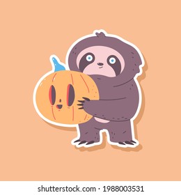 Cute sloth with Halloween pumpkin vector sticker illustration isolated on background.