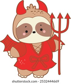 Cute sloth halloween version. Funny baby sloth animal series halloween illustration.
A sloth wearing a red devil costume and bring a trident