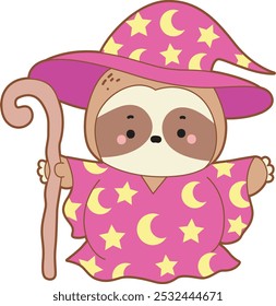 Cute sloth halloween version. Funny baby sloth animal series halloween illustration.
A baby sloth wearing a violet witch costume 