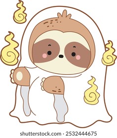 Cute sloth halloween version. Funny baby sloth animal series halloween illustration.
A sloth wearing a white fabric like a ghost