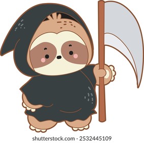 Cute sloth halloween version. Funny baby sloth animal series halloween illustration.
A baby sloth wearing a black angel of death costume and bring an axe