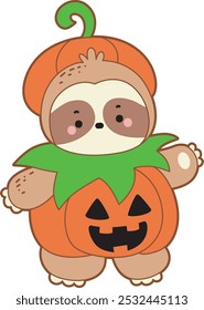 Cute sloth halloween version. Funny baby sloth animal series halloween illustration.
A baby sloth wearing a scary pumpkin costume