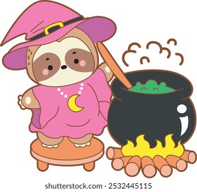 Cute sloth halloween version. Funny baby sloth animal series halloween illustration.
A baby witch sloth cooking a green potion