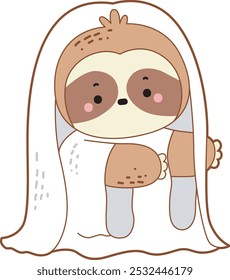 Cute sloth halloween version. Funny baby sloth animal series halloween illustration.
A baby sloth wearing a ghost white costume