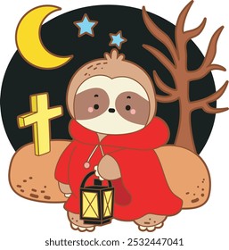 Cute sloth halloween version. Funny baby sloth animal series halloween illustration.
A witch sloth walking in the grave