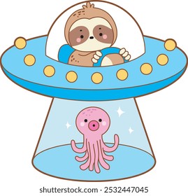 Cute sloth halloween version. Funny baby sloth animal series halloween illustration.
A baby soth riving a spaceship and bring a jellyfish