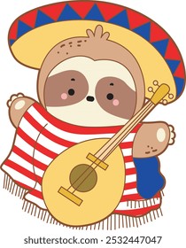 Cute sloth halloween version. Funny baby sloth animal series halloween illustration.
A baby sloth playing guitar with indian costume