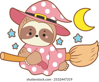 Cute sloth halloween version. Funny baby sloth animal series halloween illustration.
A baby sloth wearing a pink witch and riding a broom stick