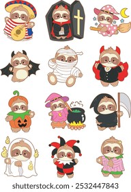 Cute sloth halloween version. Funny baby sloth animal series halloween illustration.
Variation of halloween eve costume of baby sloth