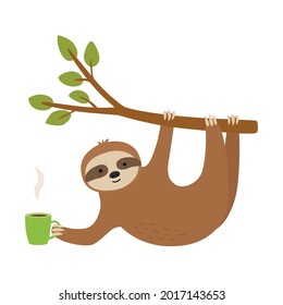 Cute sloth hang on twig and holding cup.