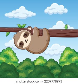 Cute Sloth Hanging Hanging in the Forest Cartoon. Vector Cartoon Illustration