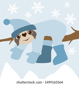 Cute sloth hanging on a branch in winter. Sloth in hat with shoes and gloves. In the background mountains and snowflakes. May be used for print on t-shirt, wallpaper, poster or card.